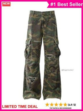 Ripped Camo Cargo Jeans Baggy Wide Leg Cotton Blend Denim Streetwear Pants